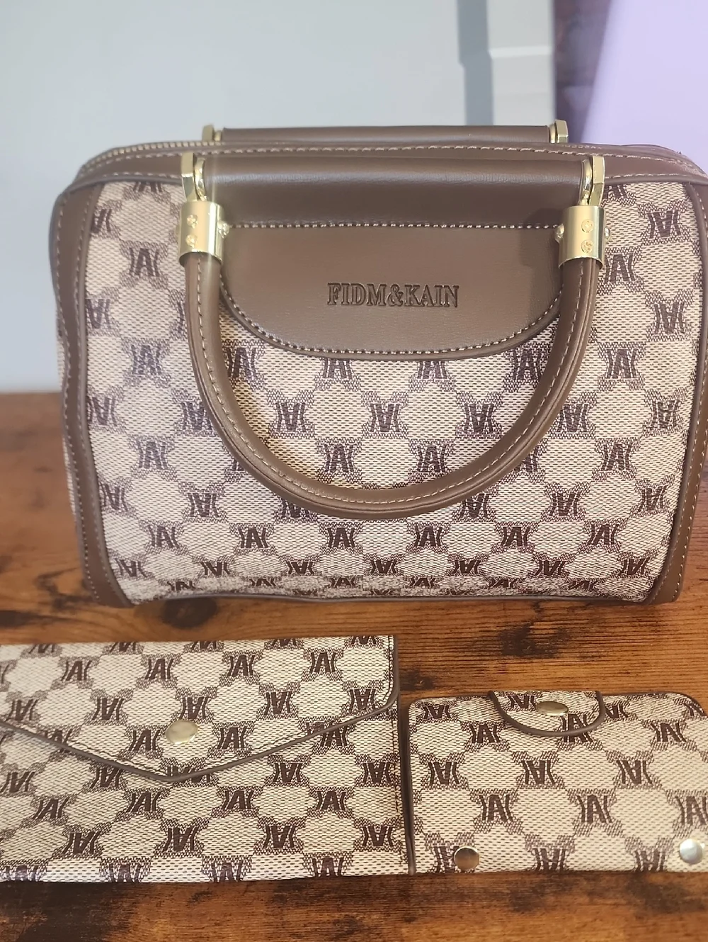 Coffee/Brown Signature Satchel 3pcs Set Fashion Printed Tote Bag, Wallet, Pillow